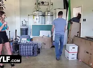 Horny big-titted housewife rides and sucks sweaty workers' huge cocks simultaneously with choking.