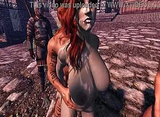 Irileth from Skyrim encourages the guards to bang her in this 3D hentai group gangbang with facial.