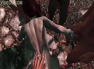 Irileth from Skyrim encourages the guards to bang her in this 3D hentai group gangbang with facial.