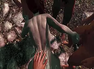 Irileth from Skyrim encourages the guards to bang her in this 3D hentai group gangbang with facial.