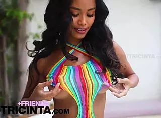 Putri Cinta Strips Colorful Dress to Show Tight Asshole