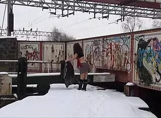 indian babe flashes in the snow outdoors