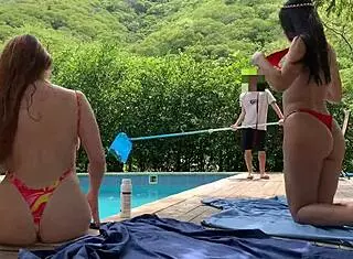 natasha and megan tan by the pool, then swim naked with a lucky guy joining for wild fun.