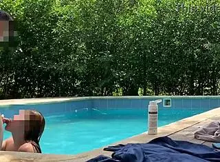 natasha and megan tan by the pool, then swim naked with a lucky guy joining for wild fun.