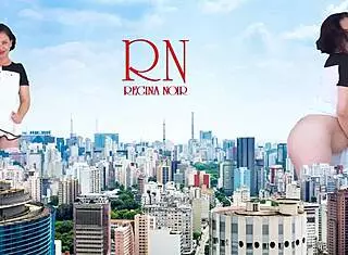 Giant lady struts panty-less in city, towering like a true giantess.