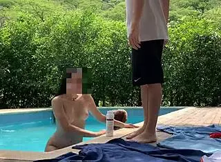 natasha and megan tan by the pool, then swim naked with a lucky guy joining for wild fun.