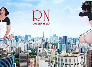 Giant lady struts panty-less in city, towering like a true giantess.