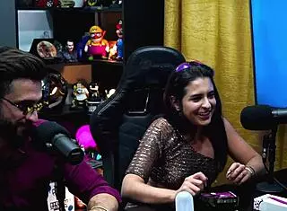 sexy girlfriend in podcast pulls out cock for toy handjob