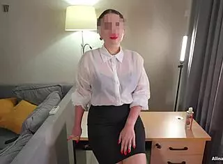 Secretary in shiny pantyhose gives handjob on sexy feet