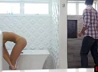 Emily enjoys stepdad using her tight pussy in doggystyle in the bathroom