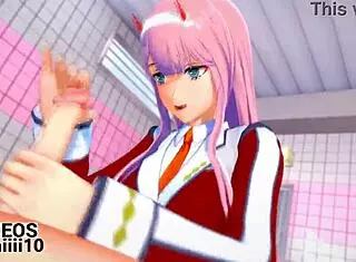 zero two gives blowjob in hentai anime sucking cock
