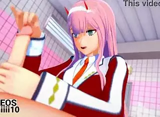 zero two gives blowjob in hentai anime sucking cock