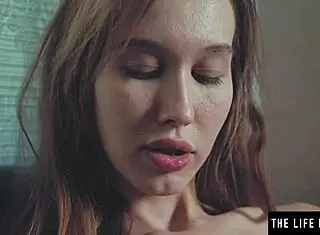 hot blonde domme spanks tits while masturbating in fishnets