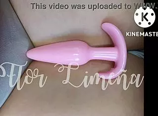 Peruvian girl playing alone at work with dildo and toys in ass.