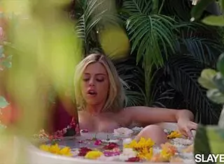 brunette and blonde beauties allie and alina lick pussies in bath.