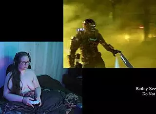 Brunette BBW plays DEADSPACE naked with big natural tits.