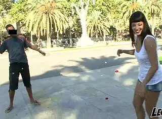 spanish brunette licks monster cock outdoor blowjob