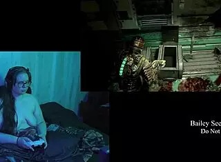 Brunette BBW plays DEADSPACE naked with big natural tits.