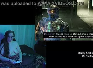 Brunette BBW plays DEADSPACE naked with big natural tits.