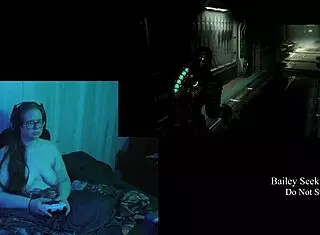 Brunette BBW plays DEADSPACE naked with big natural tits.