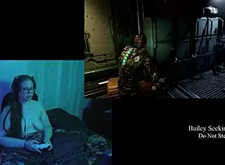 Brunette BBW plays DEADSPACE naked with big natural tits.