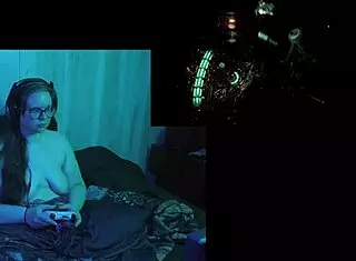 Brunette BBW plays DEADSPACE naked with big natural tits.