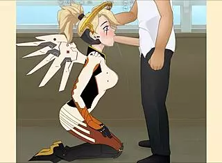 mercy from overwatch gets her throat fucked deep in this hentai