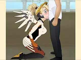 mercy from overwatch gets her throat fucked deep in this hentai