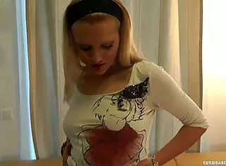 Cute blonde babe strips, sucks huge cock, gets choked, and takes facial at home