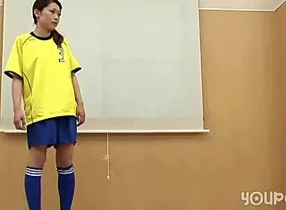 Japanese soccer babes share double dildo in hot 3some