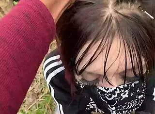 Emo slut rides on tree stump in public with deepthroat and creampie