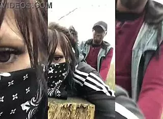 Emo slut rides on tree stump in public with deepthroat and creampie