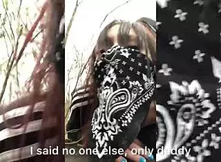 Emo slut rides on tree stump in public with deepthroat and creampie