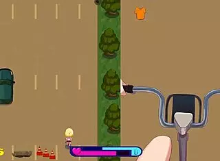 Exhibitionist girl rides dildo on bike, flashing naked outdoors.