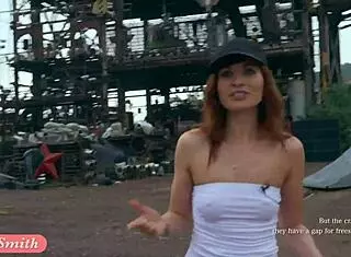 Jeny Smith shows great camel toe and big ass in tight white suit during casting.