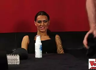 Femdom babe watching loser tug his hard cock with toys and voyeur instruction