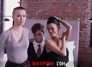 in a pov group threesome, petite brunette and blonde with fake tits get choked and creampied by big cock