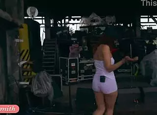 Jeny Smith shows great camel toe and big ass in tight white suit during casting.