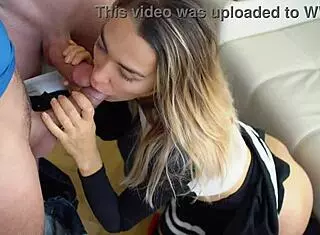 Sexy Cheerleader Feels Joy Sucking Two Cocks