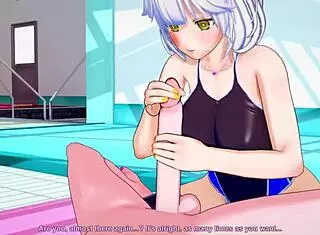 Detailed pool scene in Japanese hentai anime with 3D cartoon characters