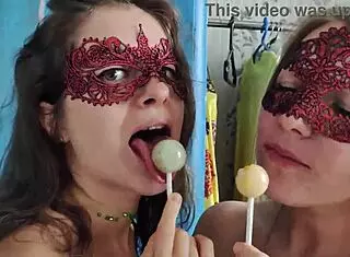 Two girls who love sucking lollipops discover they love sucking dick more in a threesome with cumshot.