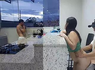 Hot wife gets licked in kitchen until orgasm while cuck washes dishes 🍑💦