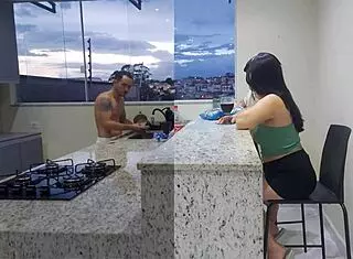 Hot wife gets licked in kitchen until orgasm while cuck washes dishes 🍑💦