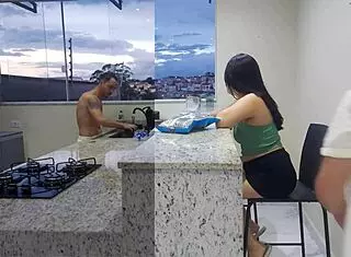 Hot wife gets licked in kitchen until orgasm while cuck washes dishes 🍑💦