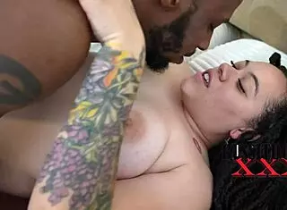 Ebony couple enjoys morning bareback fun.