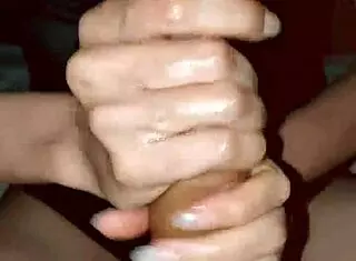 I stroke my skinny partner's cock in sexy handjob