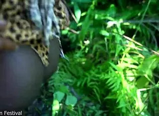 two skinny african girls have fun with village chief in forest 😏