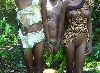 two skinny african girls have fun with village chief in forest 😏