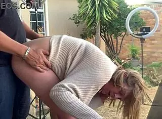 fucking my friend's wife on the patio outside. she's blonde and hairless.