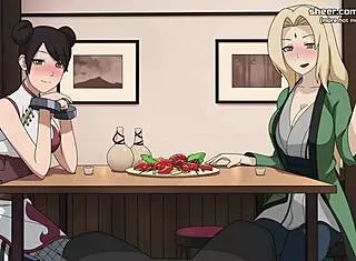 Tsunade and Tenten giving handjob and foot job in public restaurant?